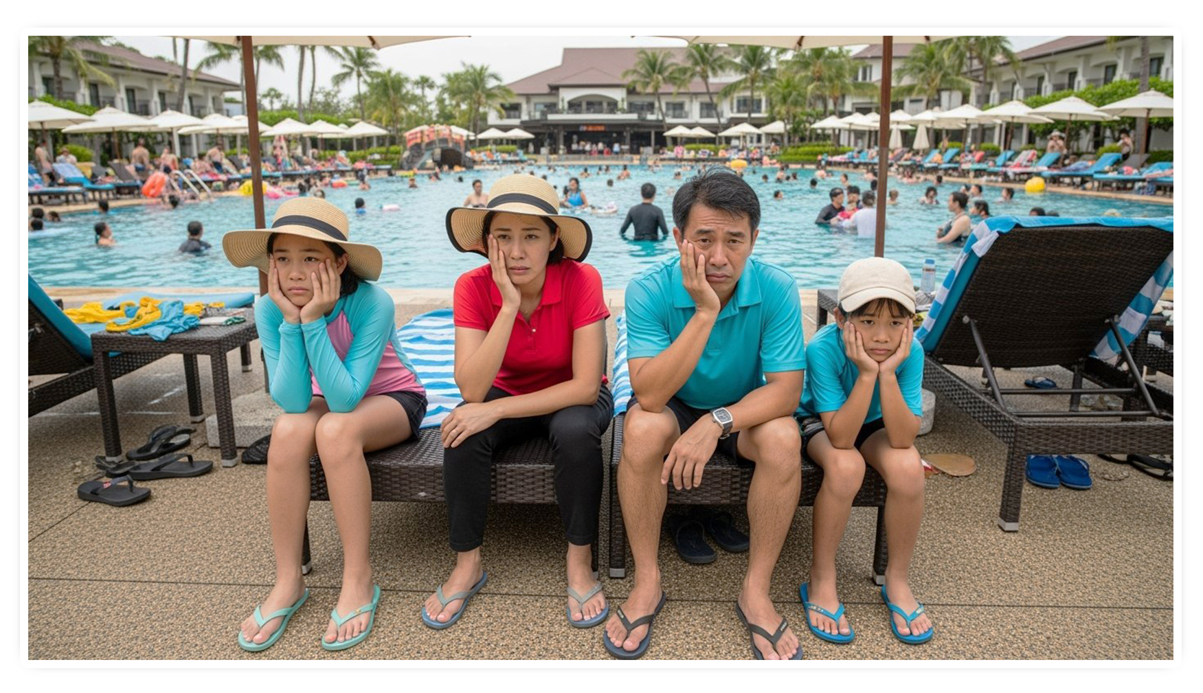 A bored family at a resort pool, illustrating golf holiday problems.
